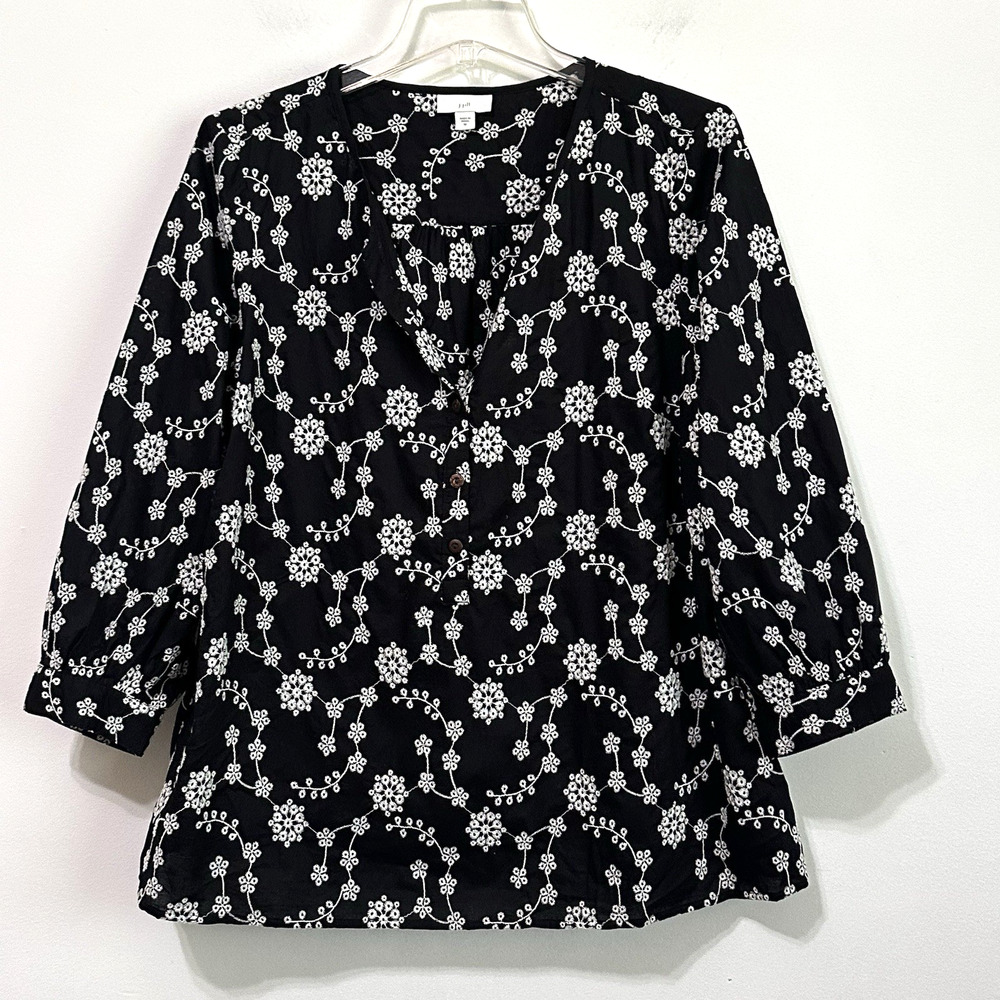 J Jill Top M Black Eyelet Embroidered Popover Blouse‎ Henley 3/4 Sleeve Floral